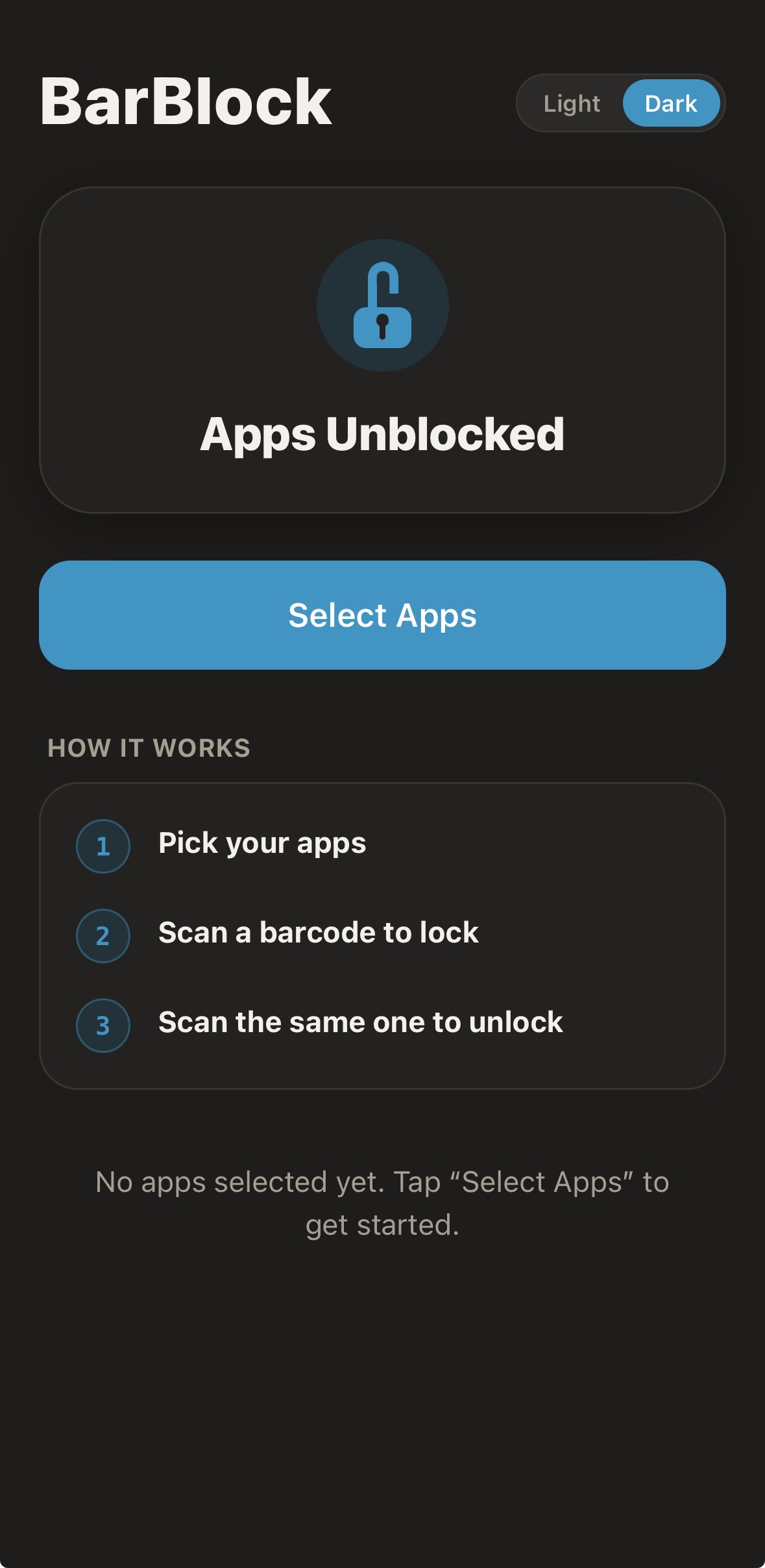 BarBlock home screen showing Apps Unblocked.
