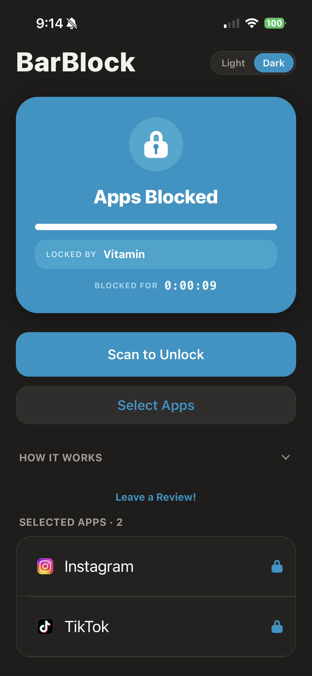 BarBlock home screen after scanning a barcode, showing Apps Blocked, locked by an item, with a Scan to Unlock button.